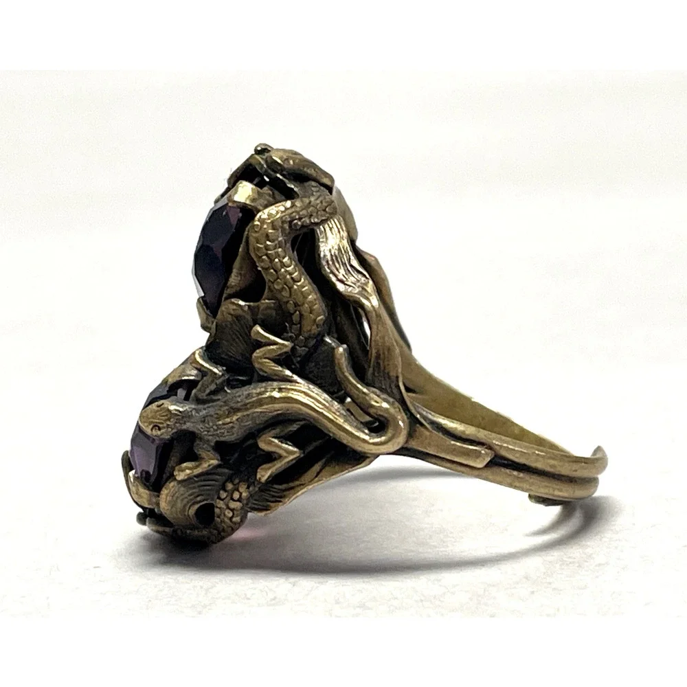 OOAK Vintage Dragon Lizard Adjustable Ring Bronze Purple Faceted Glass Size 6.5